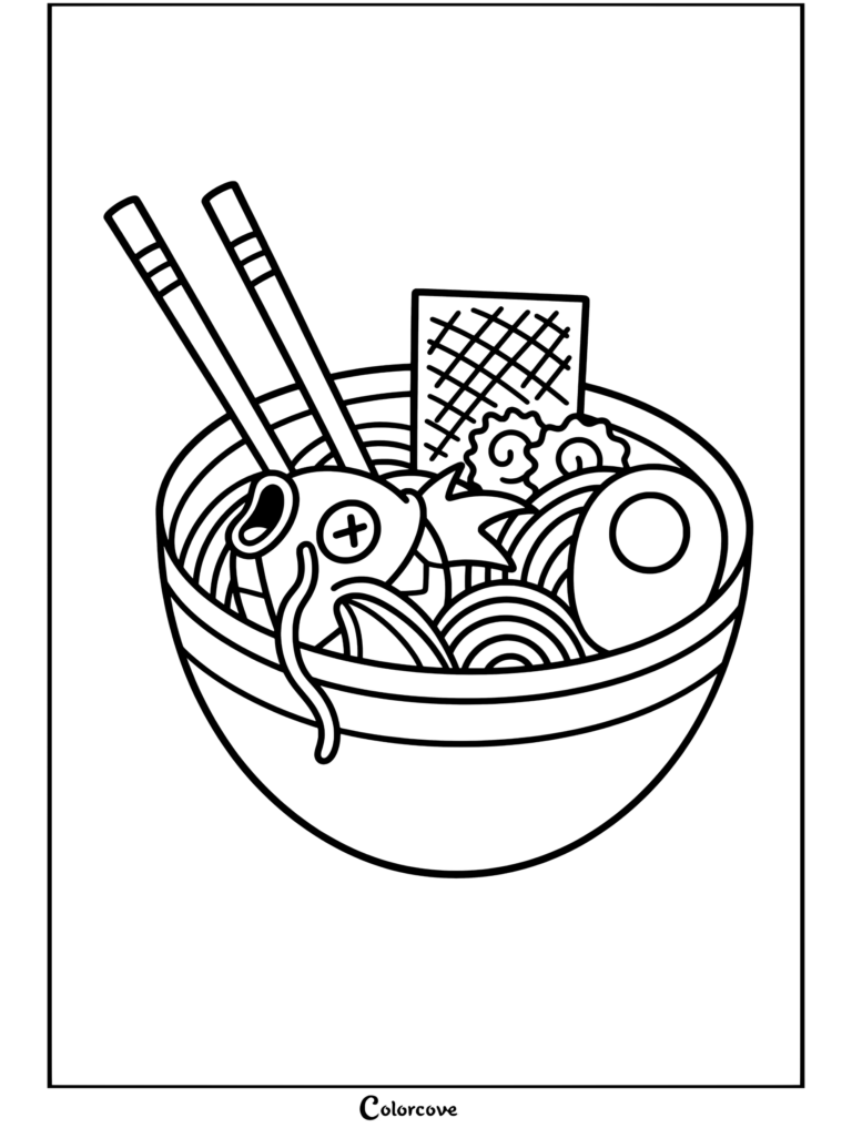 Página para colorear de tazón de ramen de Magikarp con palillos chinos, nori, huevo y narutomaki con fideos kawaii.