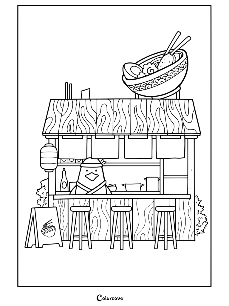 Una página para colorear imprimible con un pájaro chef trabajando en una tienda de fideos de madera con un letrero de tazón de ramen gigante, perfecta para los fans de los Fideos Kawaii.