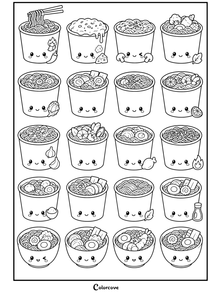 Página para colorear de Fideos Kawaii con lindos vasos y tazones de ramen de dibujos animados con varios sabores, caras y aderezos.