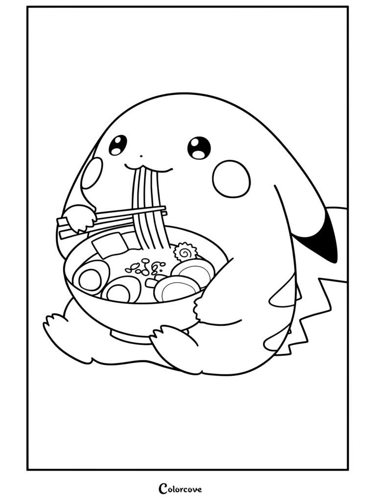 Pikachu sorbiendo fideos de un tazón grande de ramen en esta página para colorear de Fideos Kawaii.