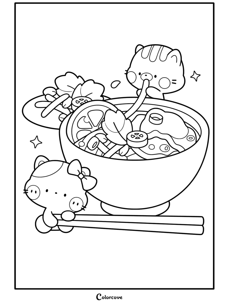 Una página para colorear imprimible de fideos kawaii con un lindo gato atigrado naranja sorbiendo un fideo de un tazón con un gato blanco sosteniendo palillos chinos.