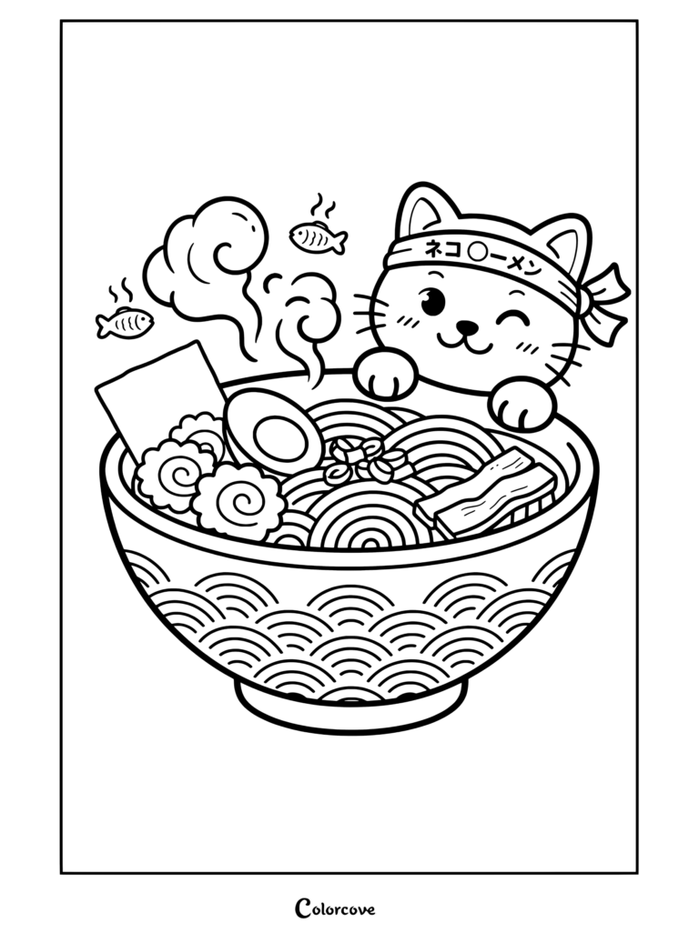 Página para colorear imprimible de Fideos Kawaii con un lindo gato blanco que lleva una cinta en la cabeza comiendo ramen con tortitas de pescado, huevo y nori en un tazón.