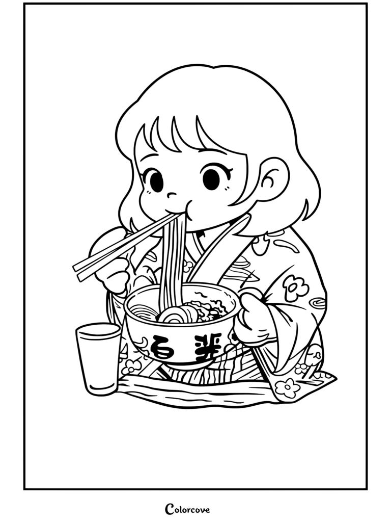 Página para colorear de chica anime kawaii comiendo ramen con palillos chinos, con un tazón de ramen y fondo de tipografía.
