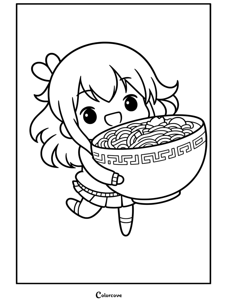 Página para colorear de fideos kawaii con una chica anime kawaii sosteniendo un enorme tazón de fideos ramen sonriendo alegremente