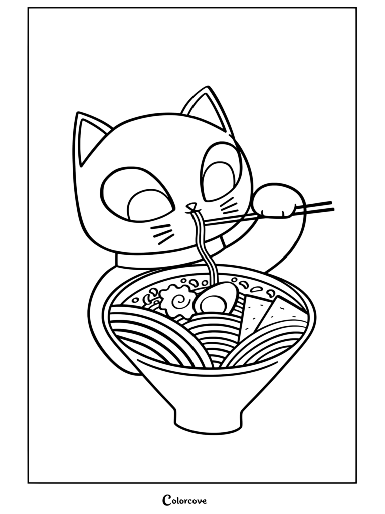 Una página para colorear imprimible de un gato kawaii comiendo ramen con palillos chinos de un tazón verde sobre un fondo rojo de lunares, representando los Fideos Kawaii.