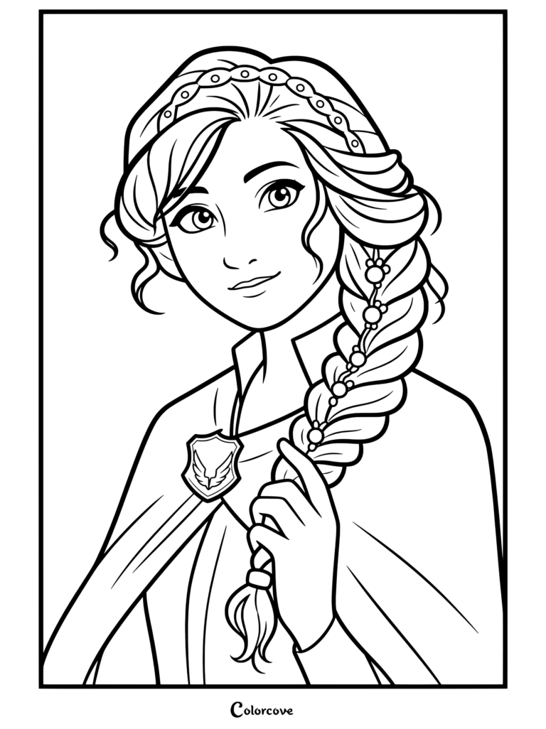 Página para colorear imprimible de Biana Vacker de Keeper Of The Lost Cities, que la muestra sosteniendo su cabello trenzado decorado con un broche en su capa.