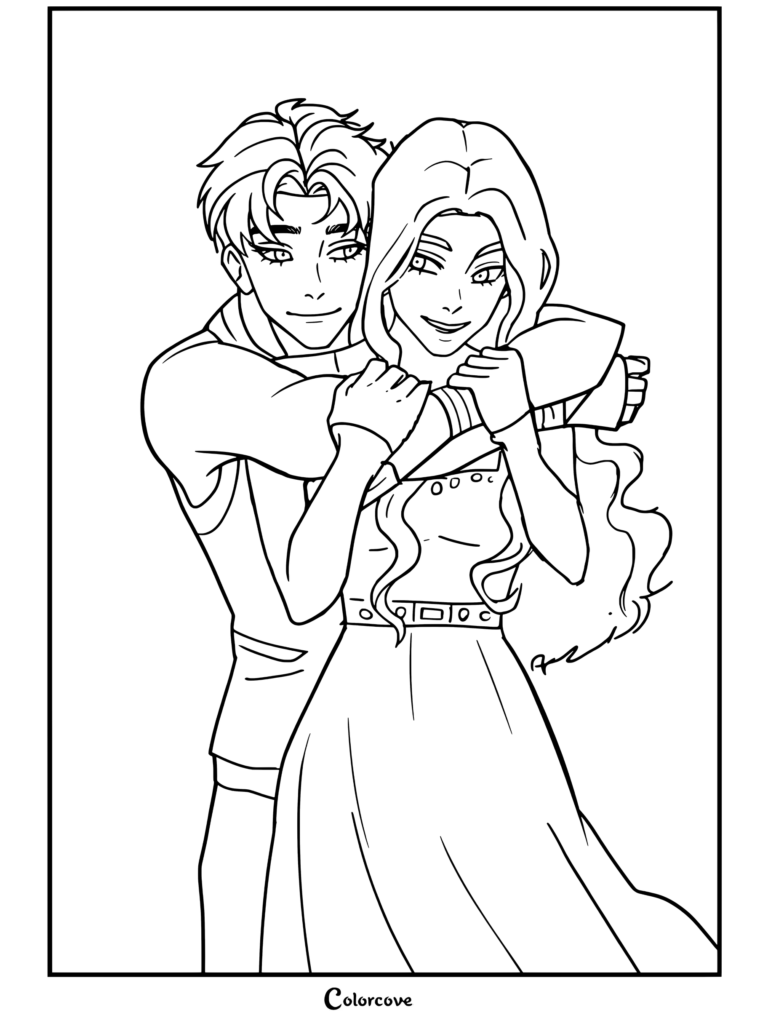 Página para colorear de Jolie y Brant de Keeper Of The Lost Cities con la pareja abrazándose.