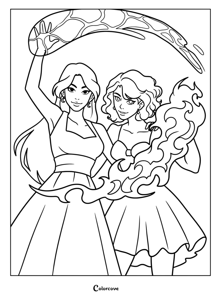 Página para colorear imprimible de Keeper Of The Lost Cities que muestra a Linh Song a la izquierda controlando el agua y a Marella Redek a la derecha controlando el fuego.