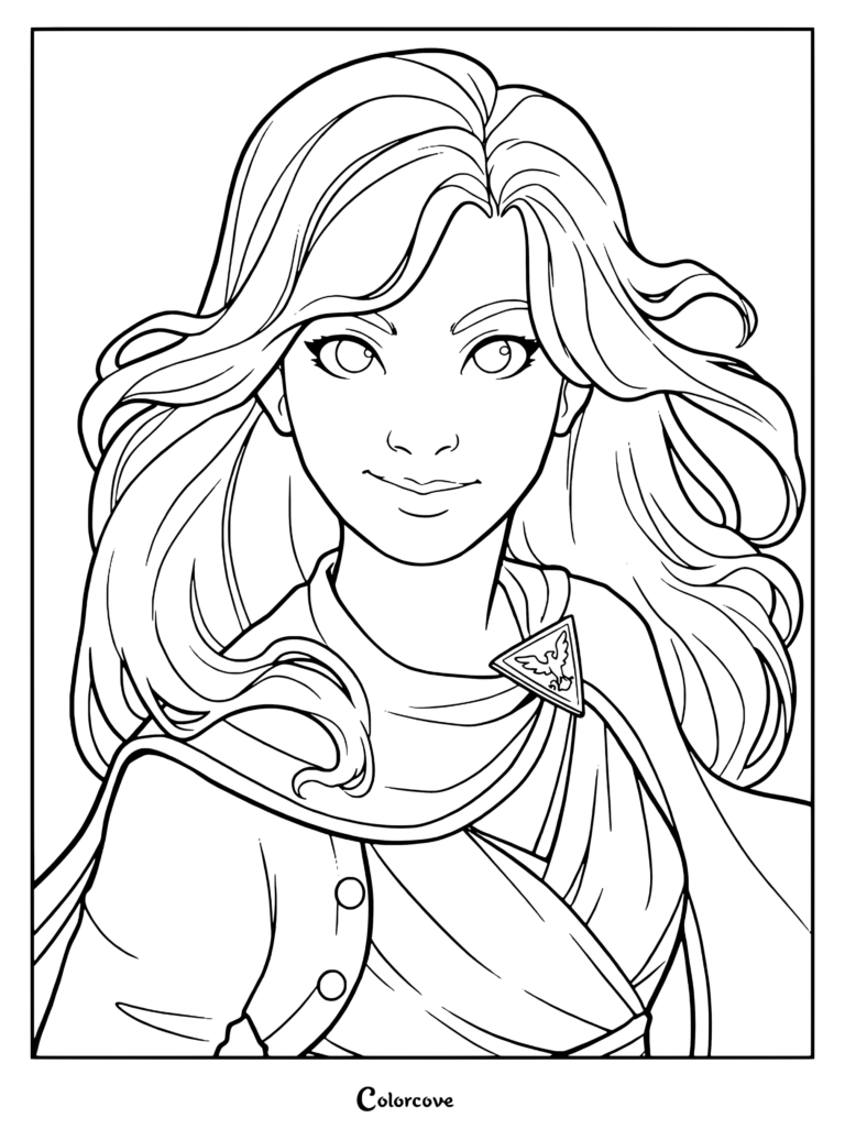 Página para colorear imprimible de Sophie Foster de Keeper Of The Lost Cities con su cabello largo y suelto y su prendedor de túnica triangular.