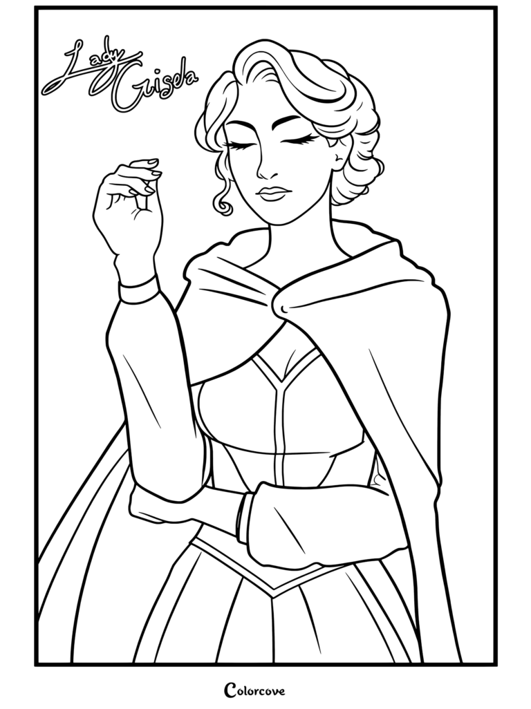 Página para colorear de Keeper Of The Lost Cities de Lady Grisela usando un vestido morado y una capa negra mientras levanta la mano