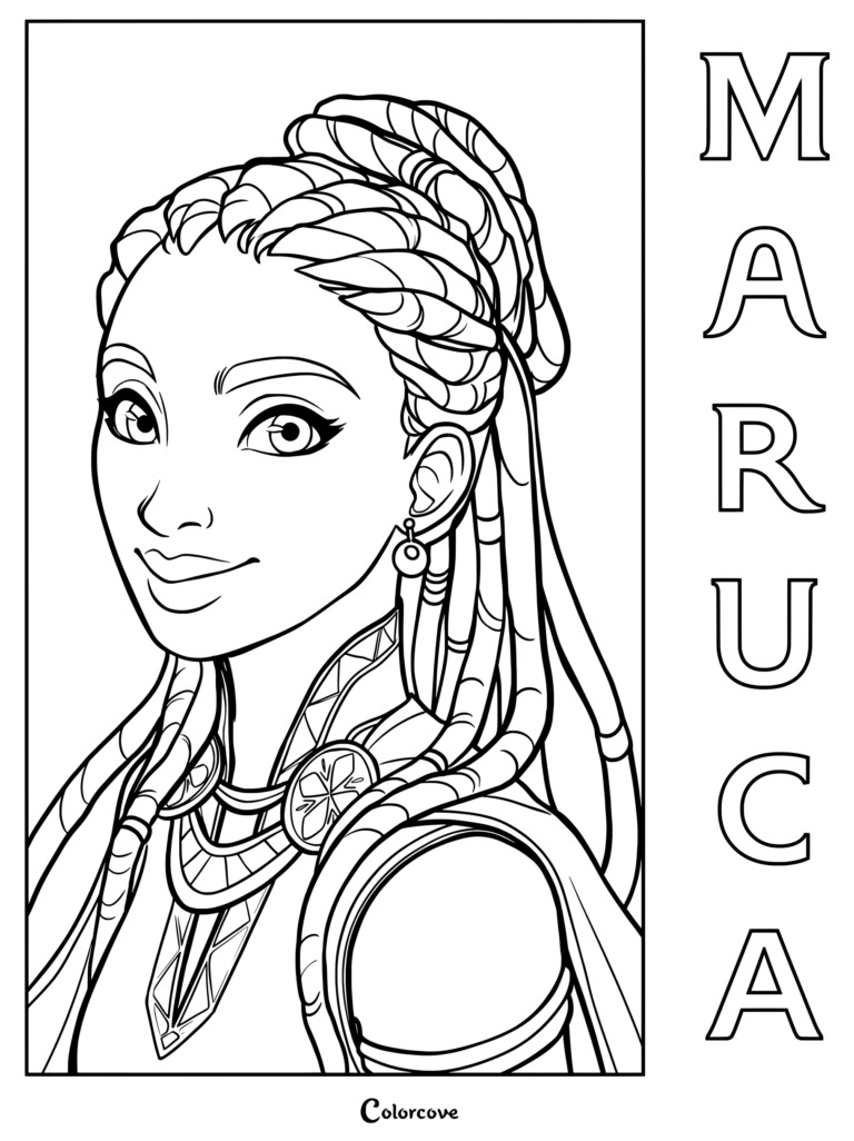 Página para colorear imprimible de Maruca de Keeper Of The Lost Cities, con cabello trenzado detallado, collar de cuello intrincado y letras decorativas de fondo.