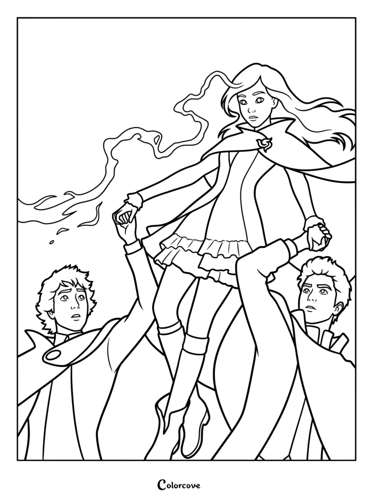 Página para colorear imprimible de Keeper Of The Lost Cities con Sophie Foster de pie elevada entre Dex Dizznee y Fitz Vacker, tomados de las manos mientras un rayo de energía crepitante brota de su cabeza contra un cielo oscuro y tormentoso y un fondo de torre de reloj gótica.