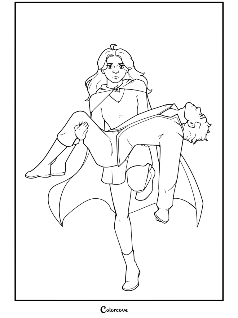 Página para colorear de Sophie Foster cargando a Fitz Vacker fuera de una cueva de Keeper Of The Lost Cities