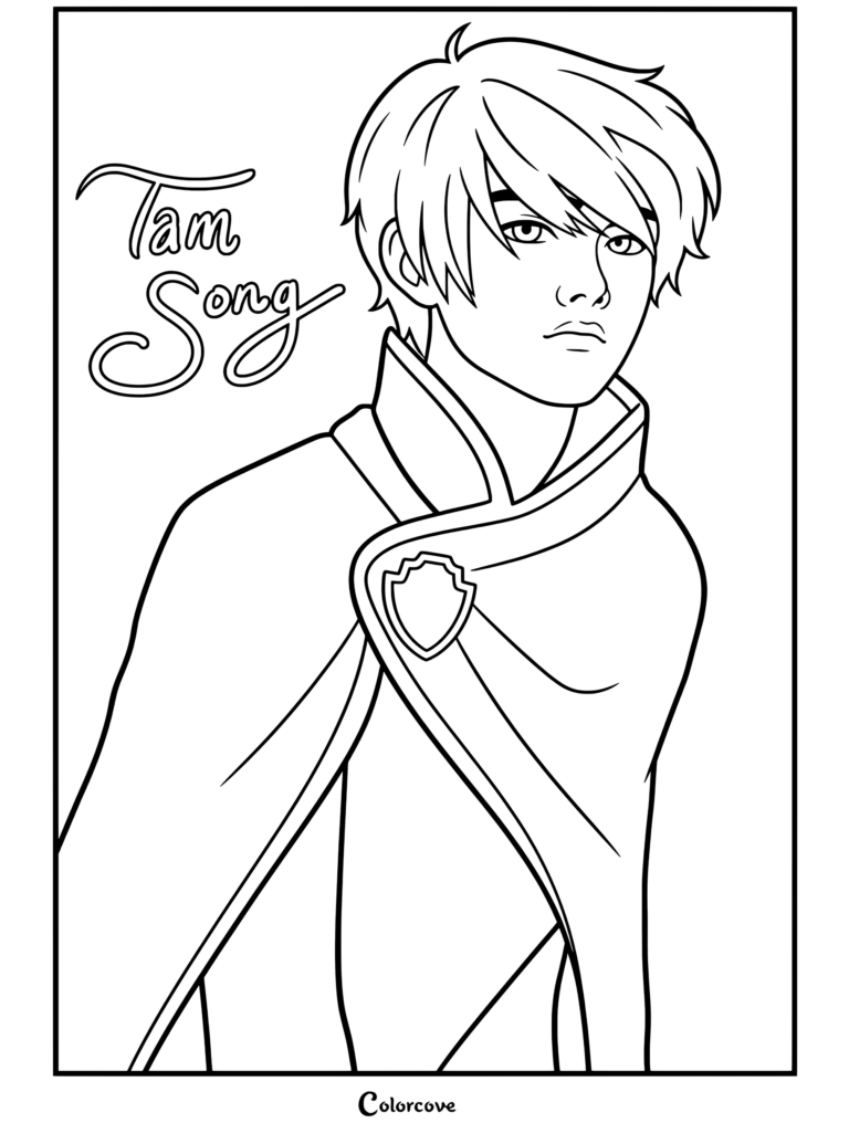 Tam Song de Keeper Of The Lost Cities mostrado en un retrato digital usando una capa gris con ribete dorado y un escudo, listo para tu página para colorear.