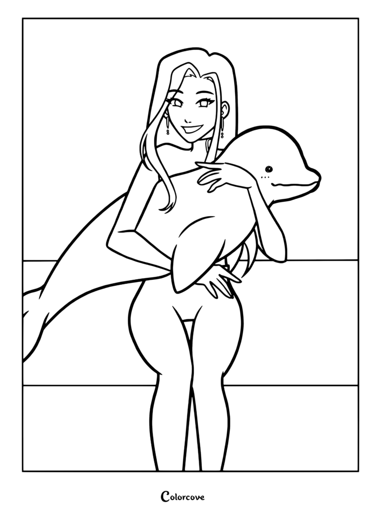 Linh Song de Keeper Of The Lost Cities abraza a una ballena beluga sonriente en esta página para colorear imprimible.