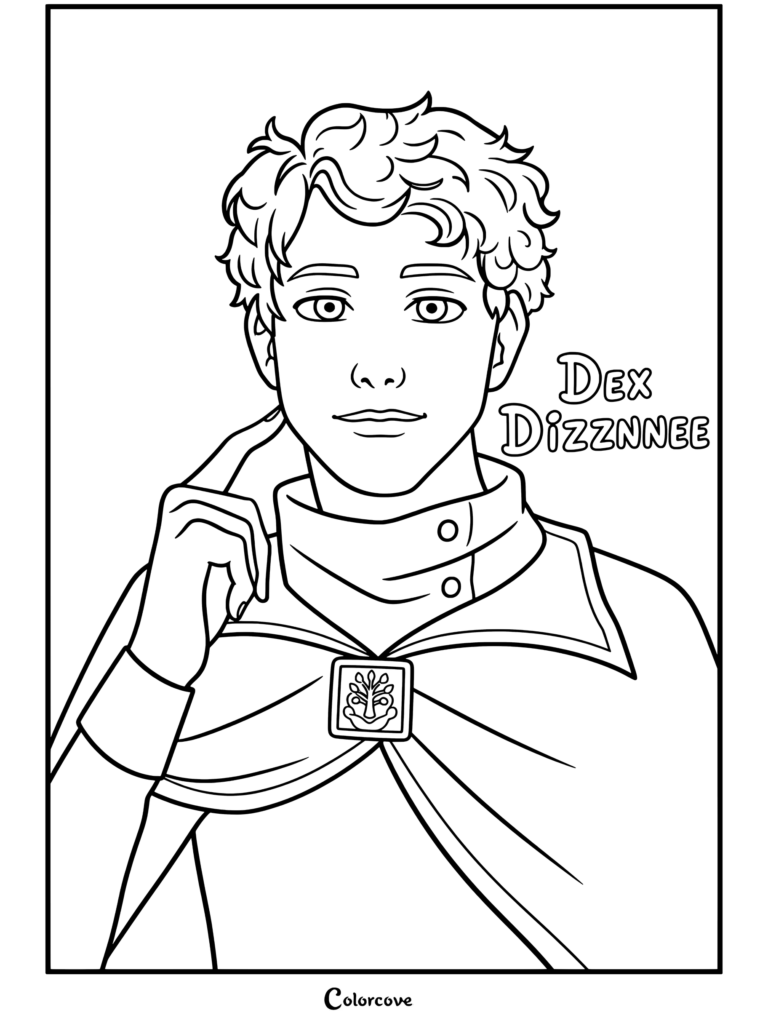 Retrato de Dex Dizznee con ojos azules, cabello rubio fresa rizado, camisa verde de cuello alto y capa azul sosteniendo el dedo en la mejilla hecho en la página para colorear de Keeper Of The Lost Cities