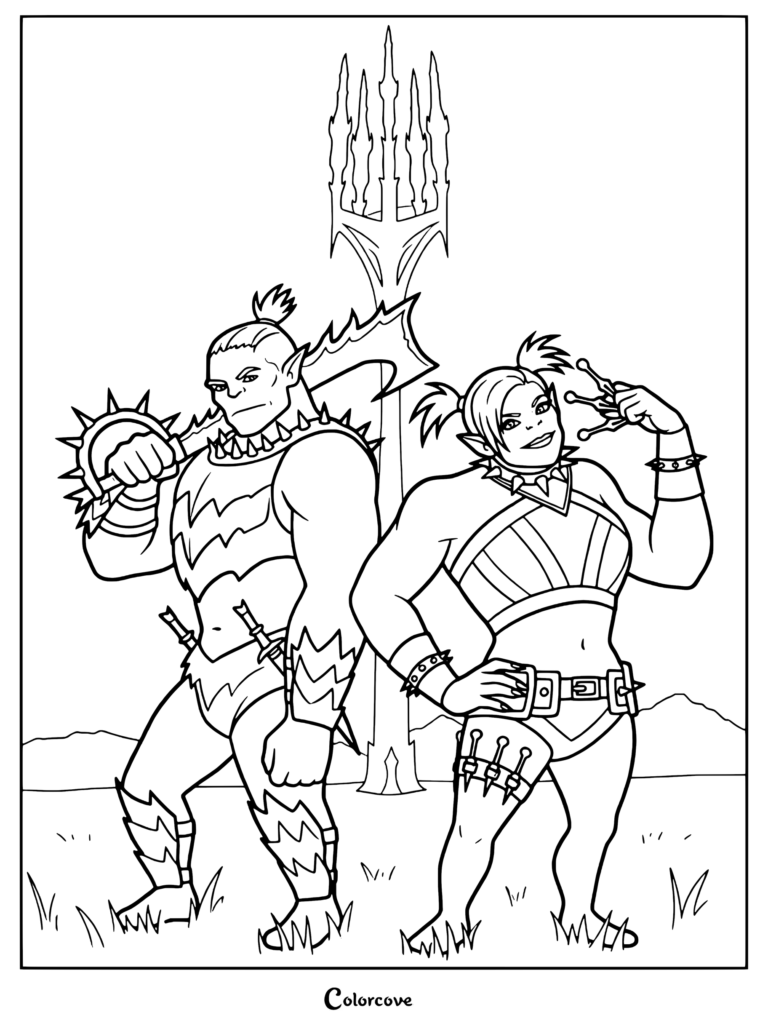 Página para colorear de los ogros Botros y Romhilda de Keeper Of The Lost Cities por Shannon Messenger, ilustrada por Laura Hollingsworth.
