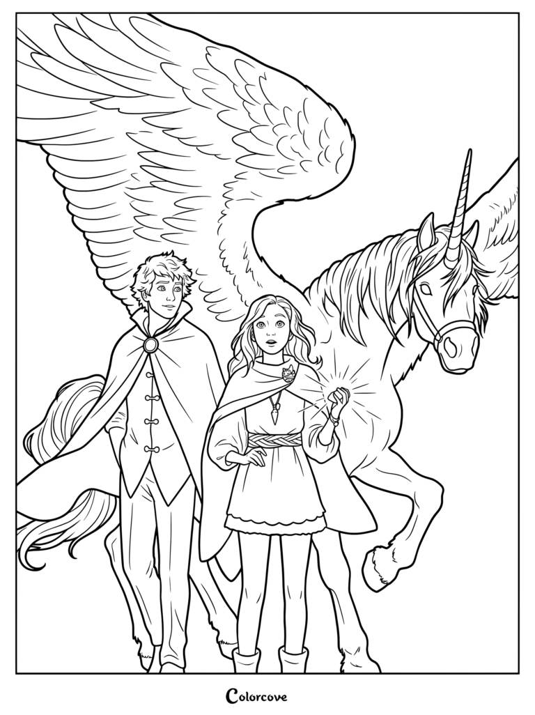 Página para colorear de Keeper Of The Lost Cities con Sophie Foster sosteniendo una fuente de luz brillante y Keefe Sencen usando una capa oscura, de pie frente al alicornio alado Silveny.