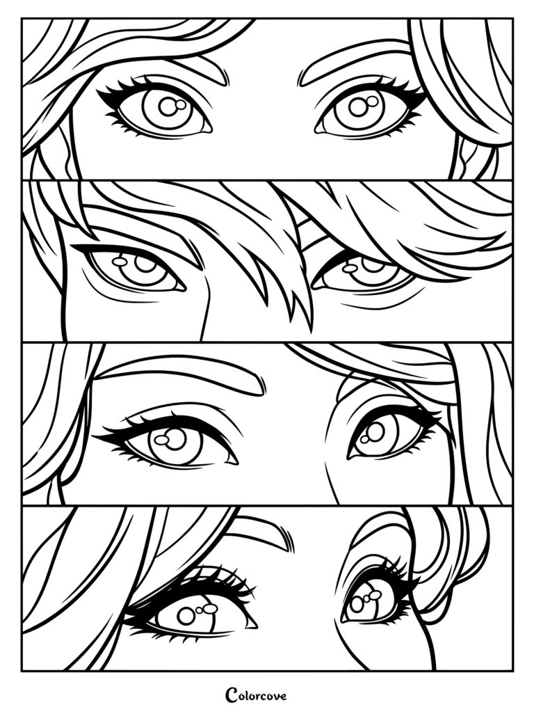 Una página detallada para colorear de Keeper Of The Lost Cities con los ojos de Sophie Foster, Tam Song, Linh Song y Biana Vacker ilustrada por ChrissaBug.