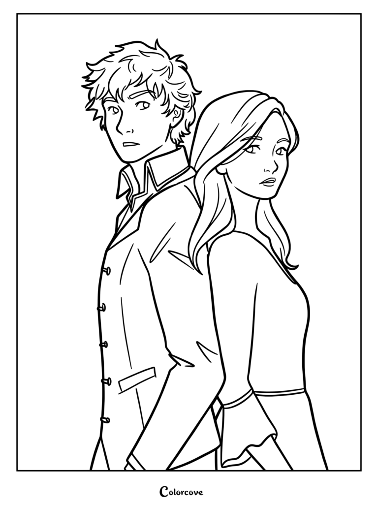 Página para colorear gratuita para imprimir de Sophie Foster y Keefe Sencen de pie espalda con espalda de Keeper Of The Lost Cities por Shannon Messenger.