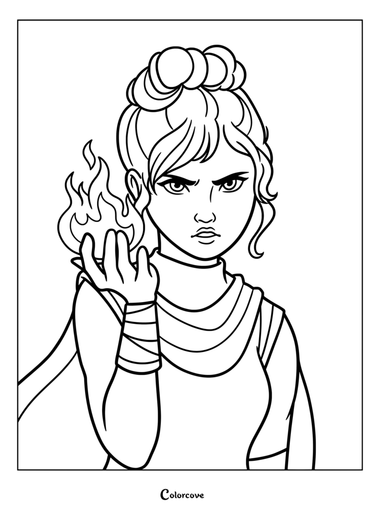 Una página para colorear imprimible de Marella Redek usando su habilidad de piroquinesis de la serie de libros Keeper Of The Lost Cities.