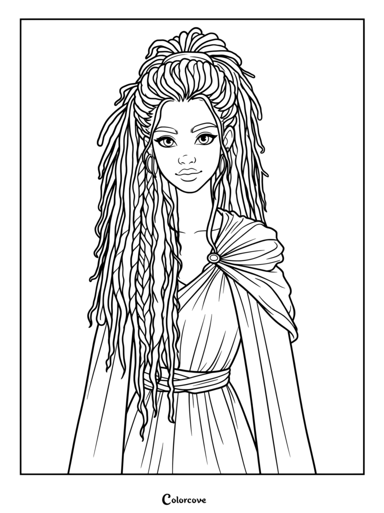 Página para colorear con Maruca Chebota con rastas largas trenzadas de Keeper Of The Lost Cities.