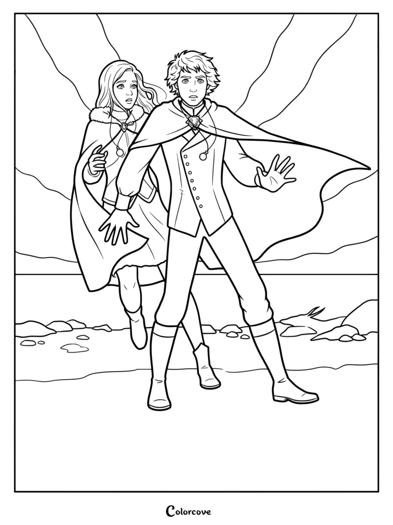 Página para colorear de Keeper Of The Lost Cities con Keefe Sencen protegiendo a Sophie Foster durante un enfrentamiento tenso con miembros de los Neverseen.