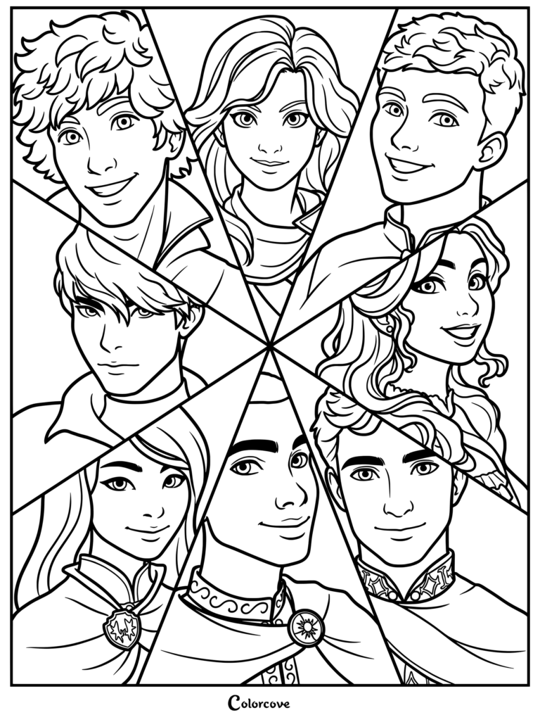 Página para colorear imprimible con el arte oficial de la rueda de personajes ilustrada por ChrissaBug para la serie de fantasía de Shannon Messenger Keeper Of The Lost Cities, que incluye a Keefe Sencen, Sophie Foster, Fitz Vacker, Tam Song, Biana Vacker, Linh Song, Wylie Endal y Dex Dizznee.