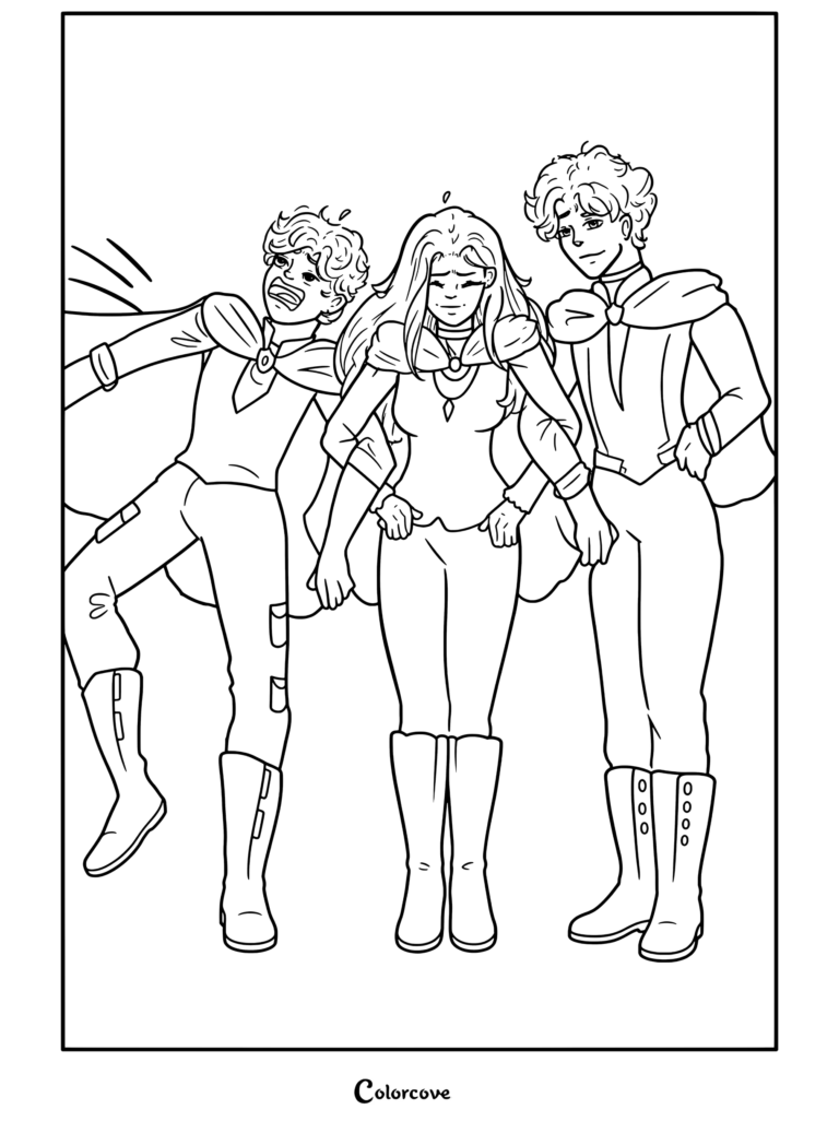 Página para colorear imprimible de Dex, Sophie y Keefe de Keeper Of The Lost Cities de pie juntos con sus capas.