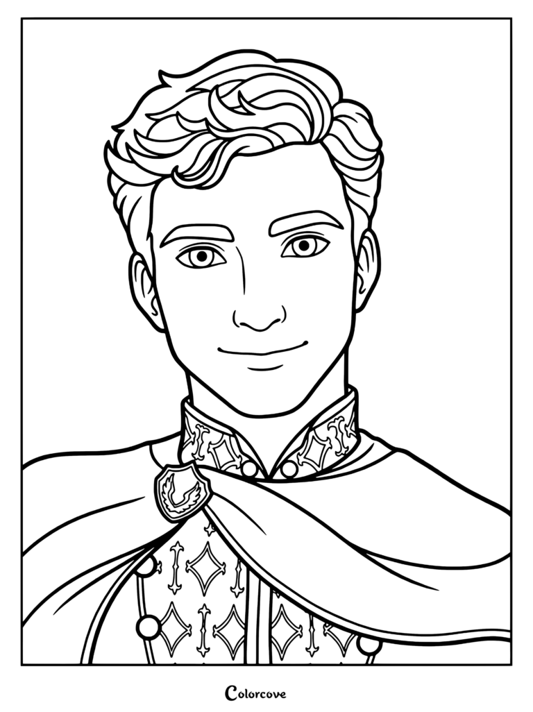 Página para colorear imprimible de Fitz Vacker de Keeper Of The Lost Cities con un retrato detallado del elfo usando una túnica y una capa bordadas y ornamentadas.