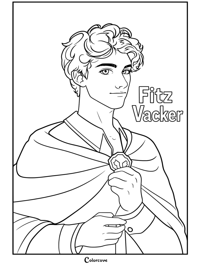 Página para colorear de Fitz Vacker de Keeper Of The Lost Cities sosteniendo un cristal de salto maestro mientras usa una capa y una túnica