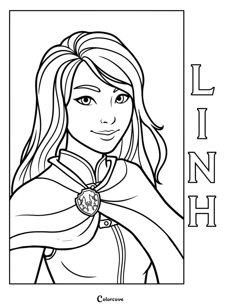 Página para colorear imprimible de Linh Song de Keeper Of The Lost Cities usando una capa con un prendedor de escudo.