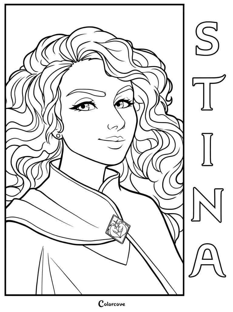 Página para colorear de Stina Hekiah de Keeper Of The Lost Cities con cabello largo y rizado y un broche de unicornio.