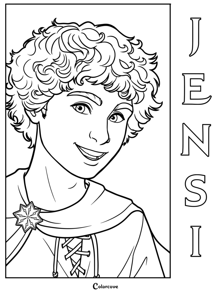 Página para colorear imprimible de Jensi de Keeper Of The Lost Cities con cabello rizado, sonriendo y usando una túnica con capucha con un prendedor de estrella.