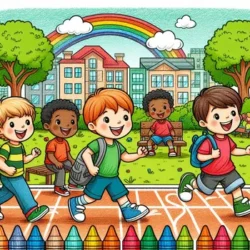 Children playing outdoors with colorful crayons and a rainbow in the background on a coloring page.