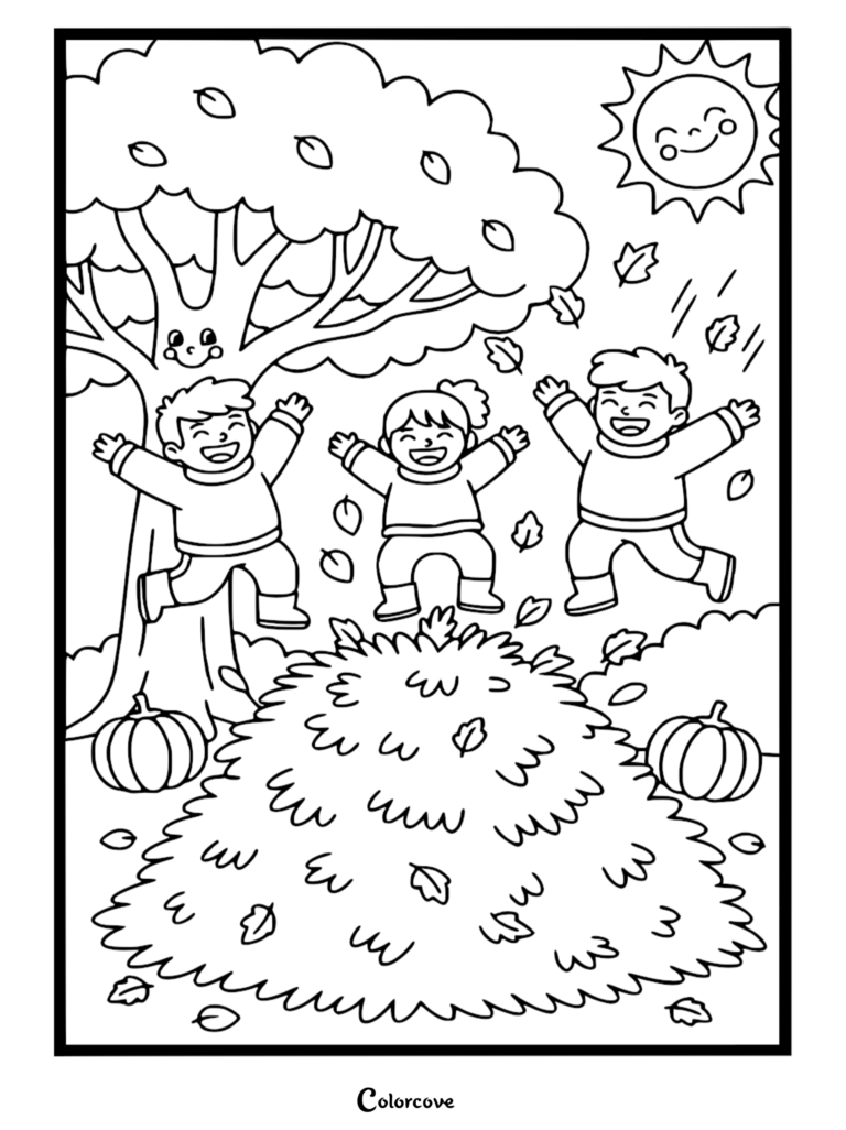 Three happy children jumping into a large pile of autumn leaves under a smiling sun, coloring page style line art.