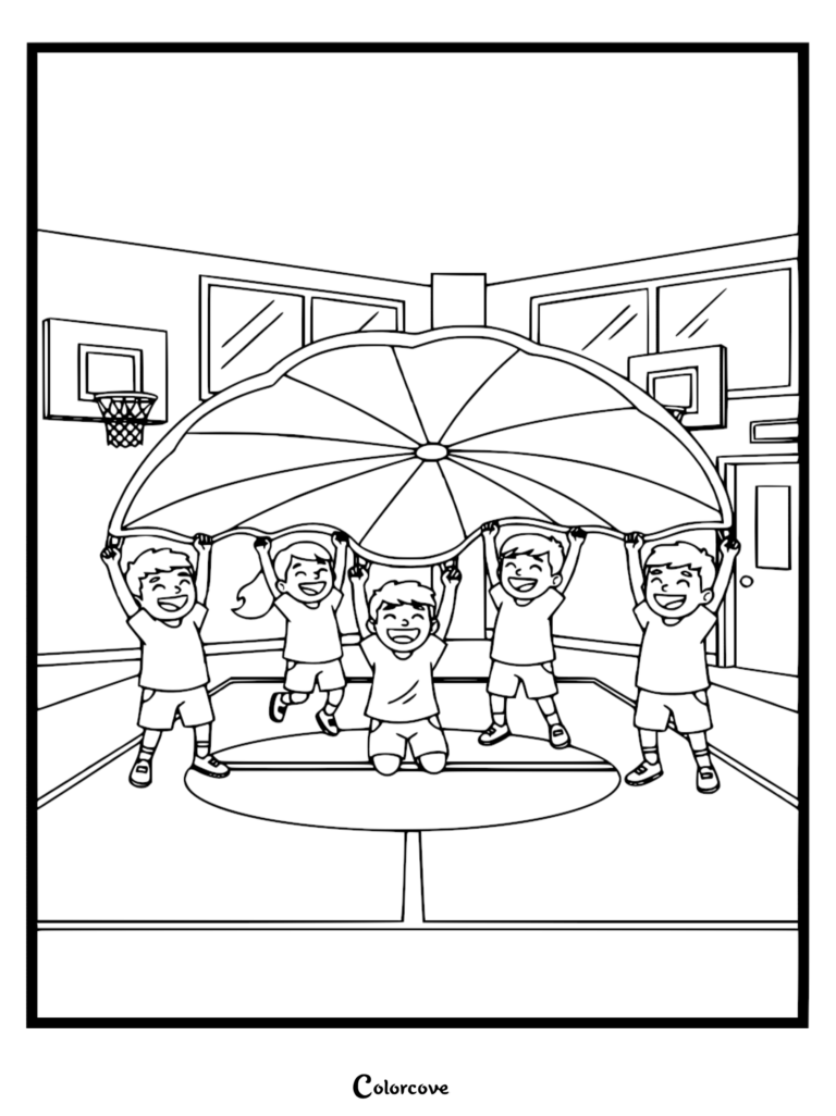 Five happy children holding up a large circular parachute in a school gymnasium, line art coloring page.