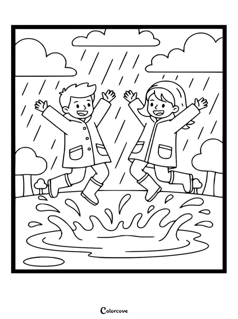 A boy and girl wearing raincoats and boots jumping into a puddle during a rainstorm, printable coloring page.
