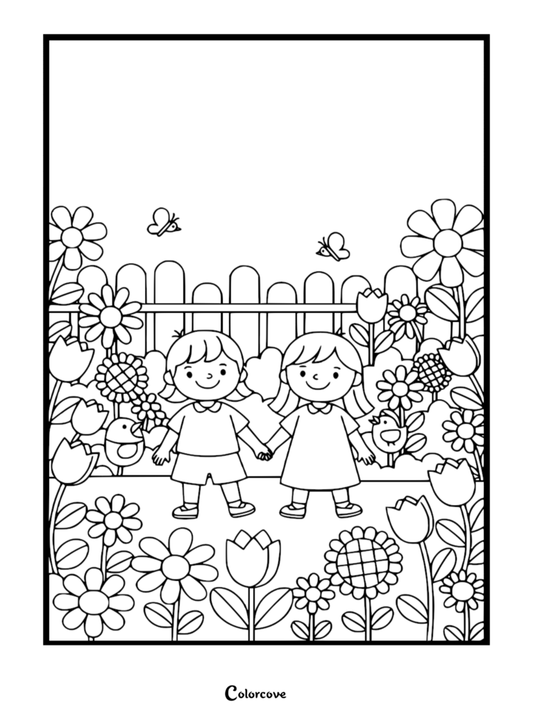 A boy and girl holding hands in a flower garden with butterflies and birds in this printable coloring page.