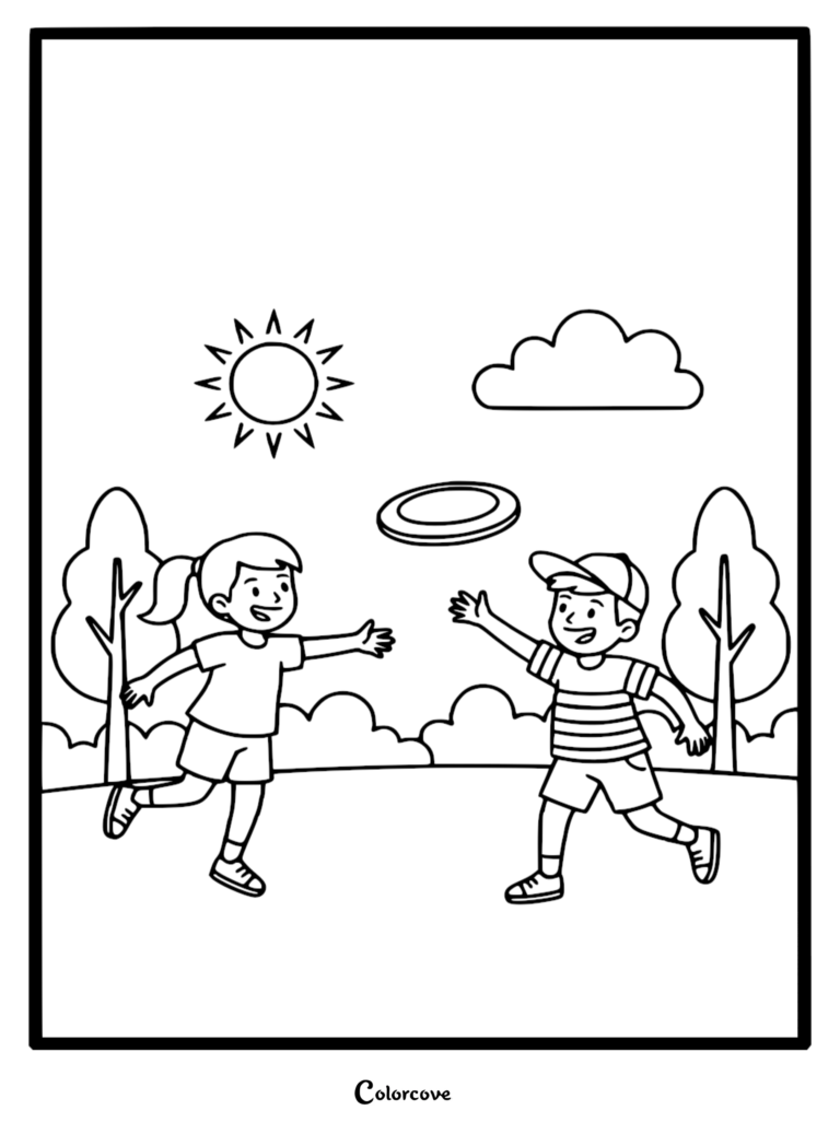 A girl and a boy in a park throwing a frisbee, line art coloring page.