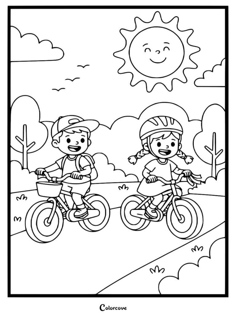 A boy in a baseball cap and a girl with pigtails and a helmet riding bicycles on a sunny day coloring page.
