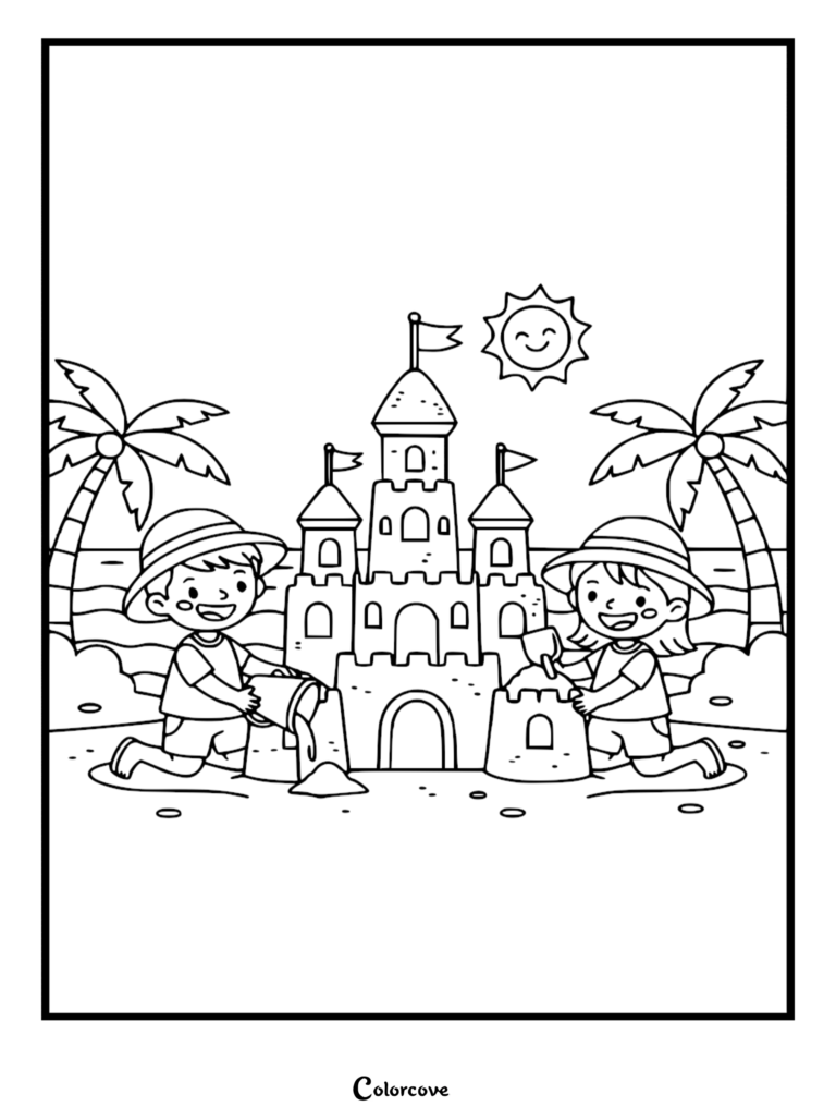 A boy and girl wearing sun hats building a sandcastle on the beach in this free kids coloring page.