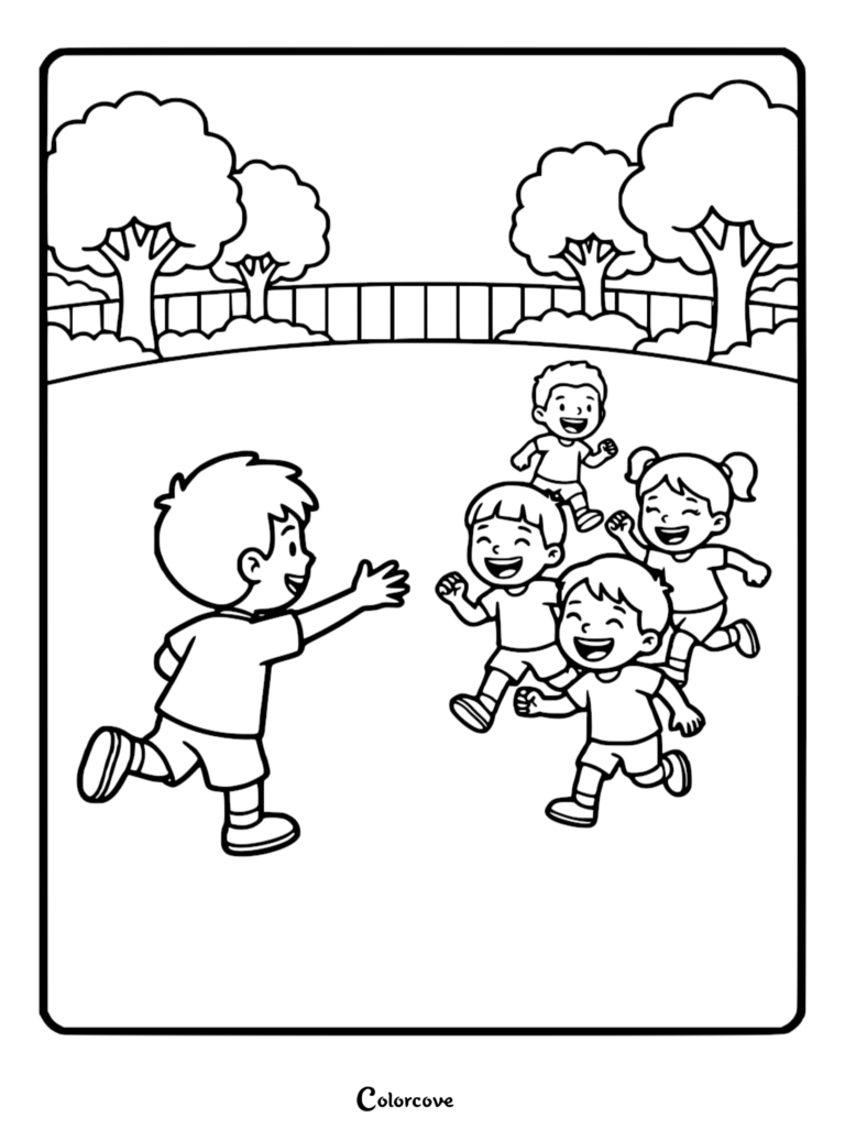 A group of happy children running and playing tag in a park, printable coloring page for kids.