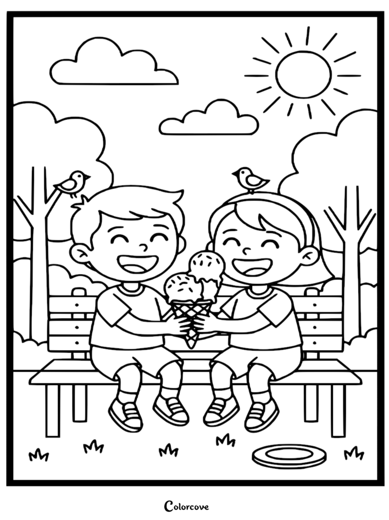 A boy and girl sitting on a park bench sharing a double scoop ice cream cone, with birds on their heads, in this printable coloring page.