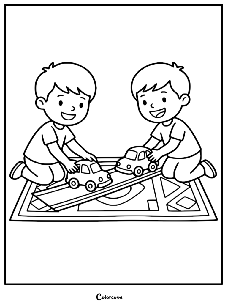 Two young boys kneeling on a rug playing with toy cars on a track, printable coloring page.