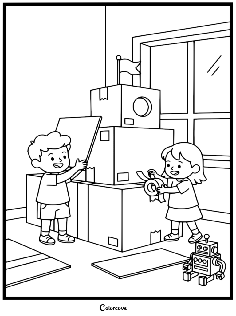 A boy and girl taping up cardboard boxes for moving in a room with a toy robot, printable coloring page.
