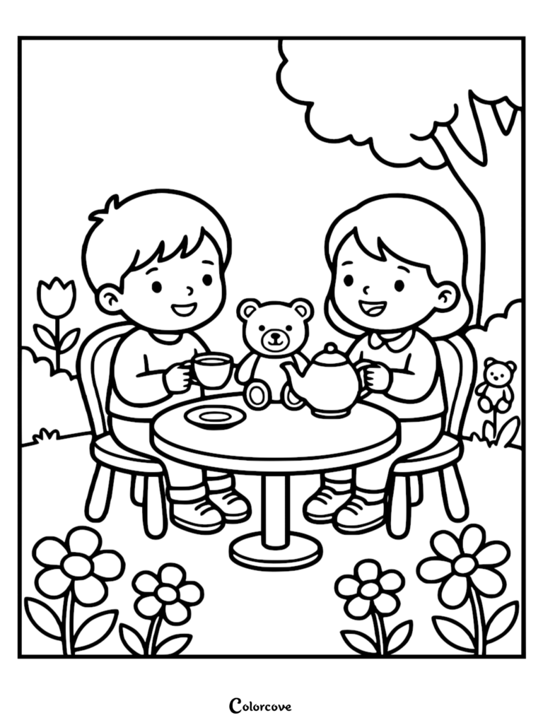 A boy and girl sitting at a small table in a garden having a tea party with a teddy bear, printable coloring page.
