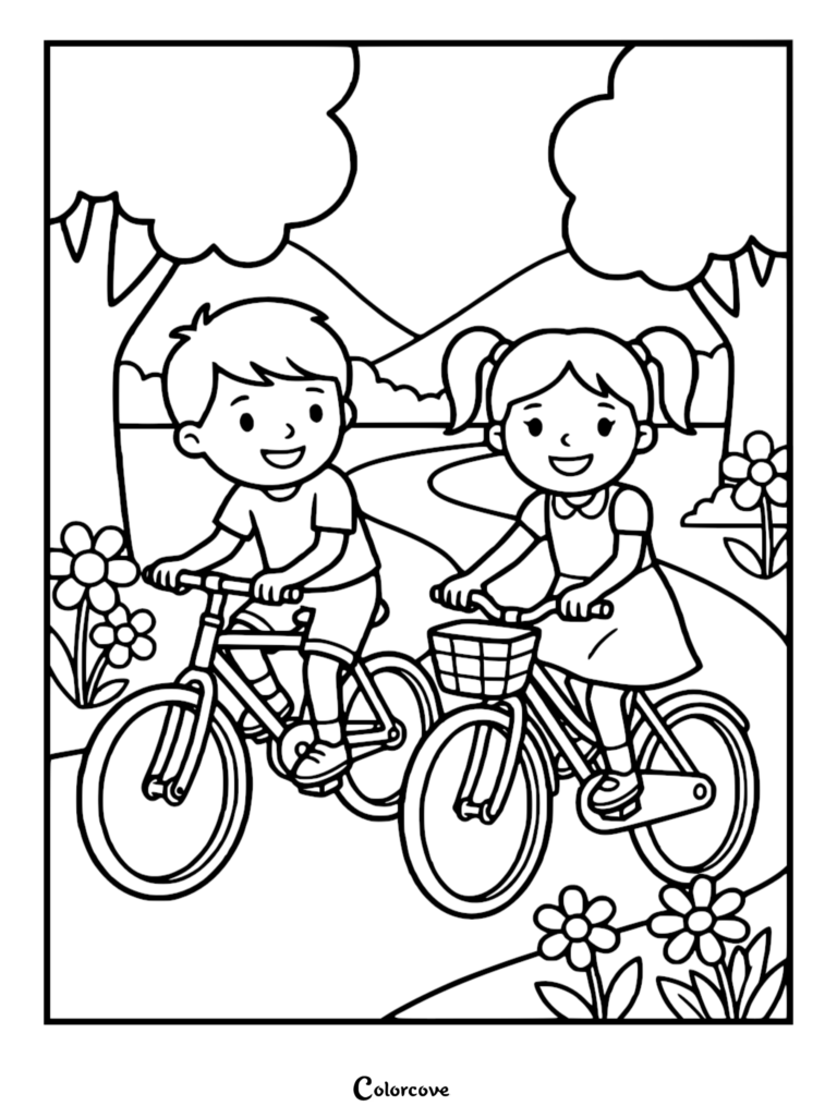 A boy and a girl with pigtails riding bicycles on a path in a park, coloring page style line art.
