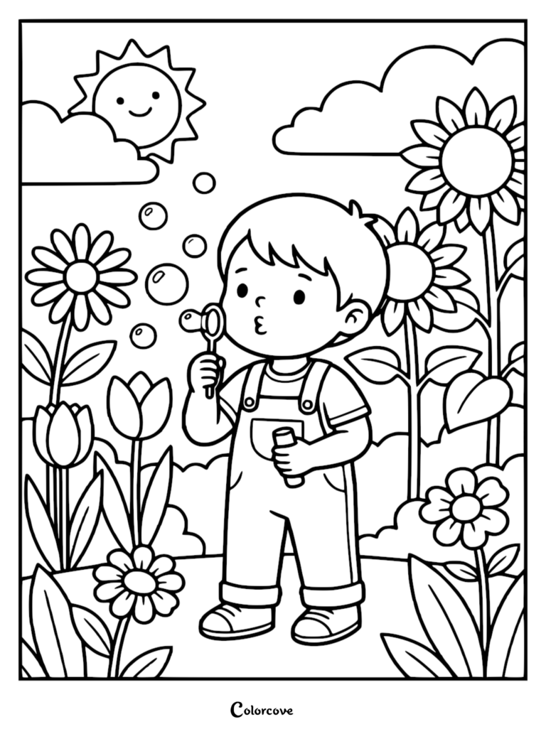 A young boy in overalls blowing bubbles in a sunny garden filled with sunflowers and tulips, printable coloring page.