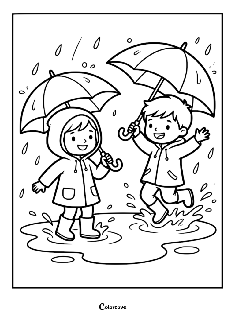 A boy and girl wearing raincoats and boots jumping in a puddle under umbrellas, line art coloring page.